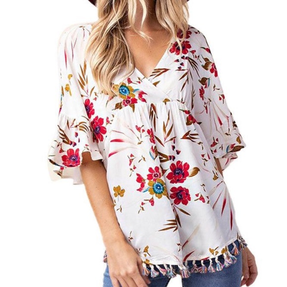 BellanBlue Tops - Boho Floral Print Butterfly Sleeve Tassel Hem Blouse